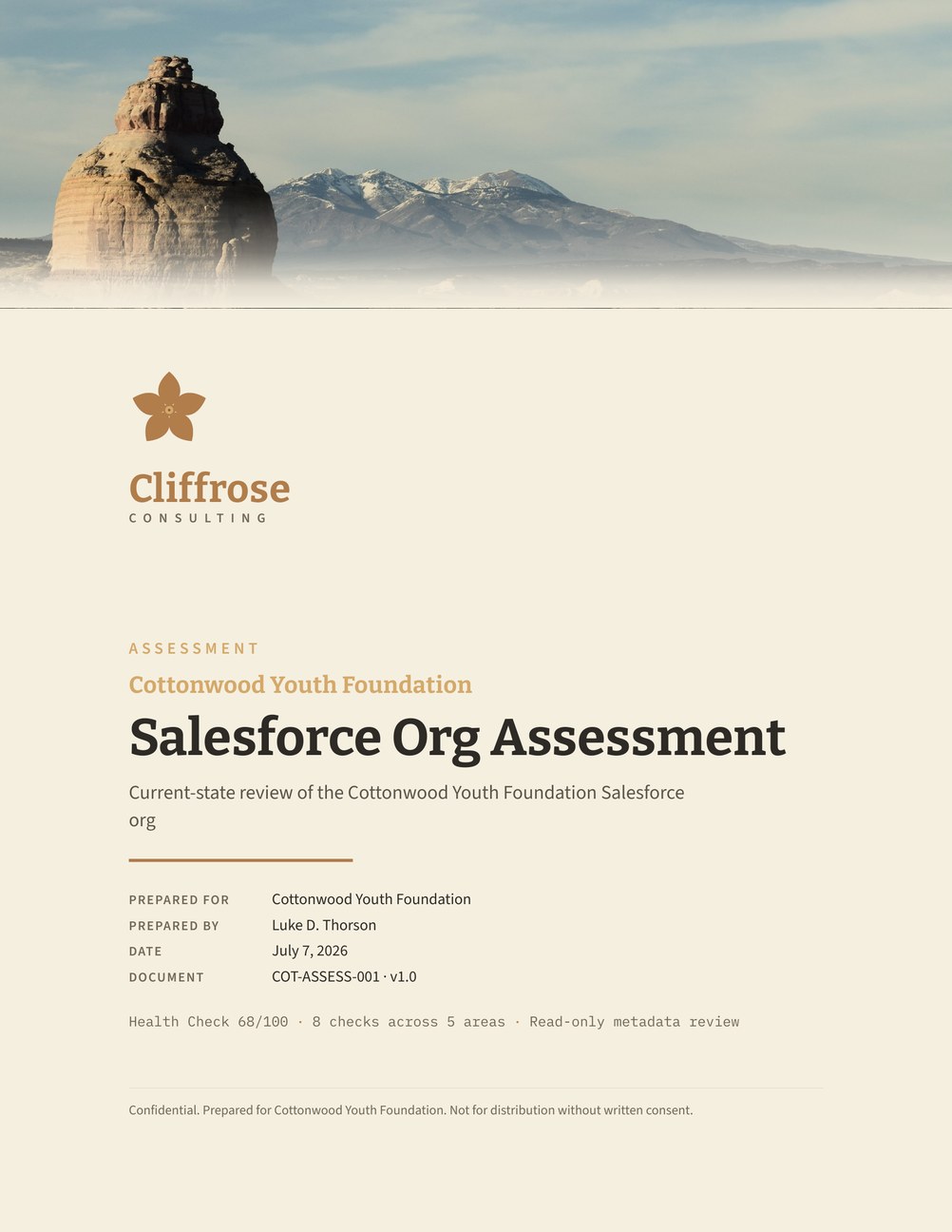 Sample assessment cover page for the fictional Cottonwood Youth Foundation, branded Cliffrose Consulting.
